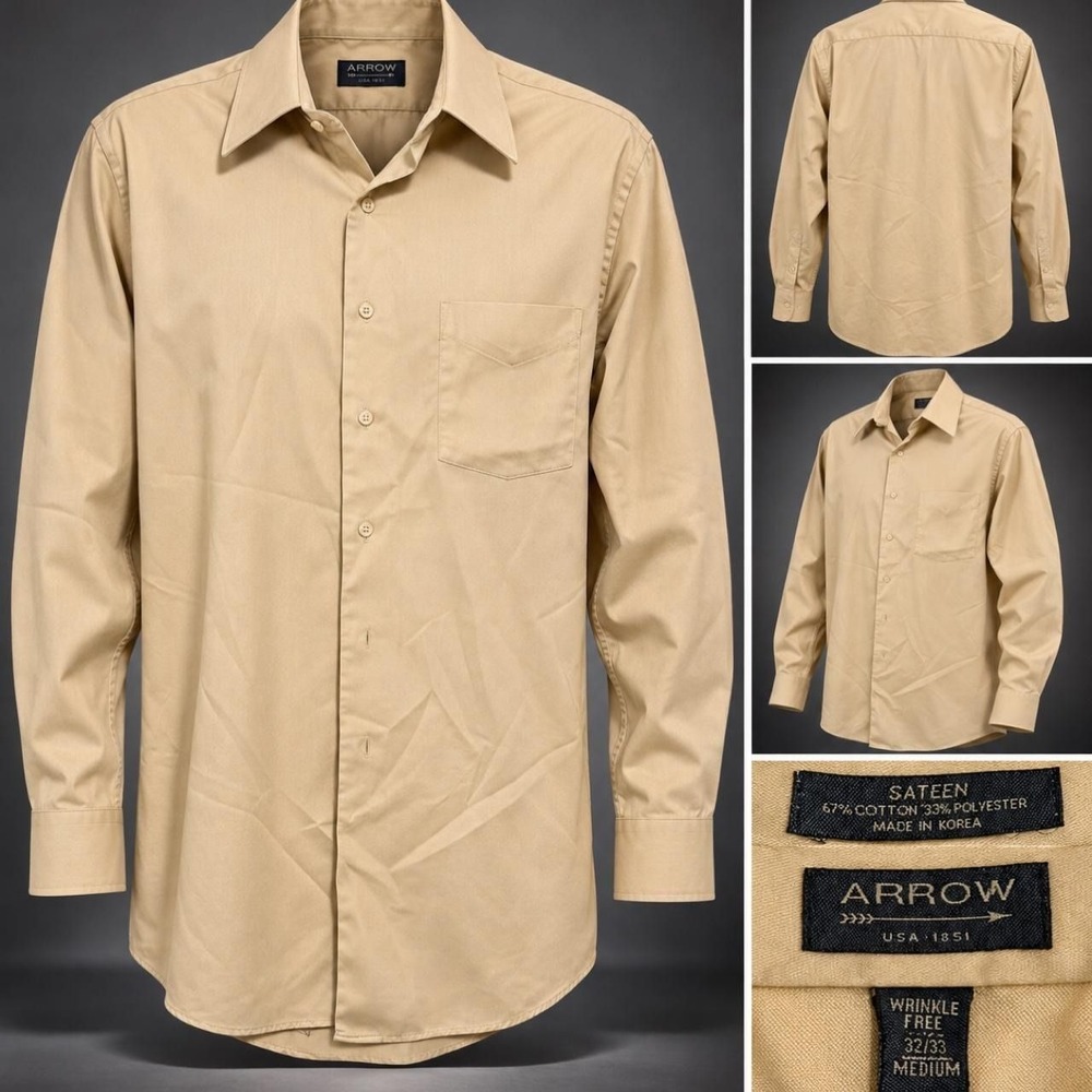 Arrow Sateen Wrinkle Free Tan Long Sleeve Dress Shirt Medium 32/33